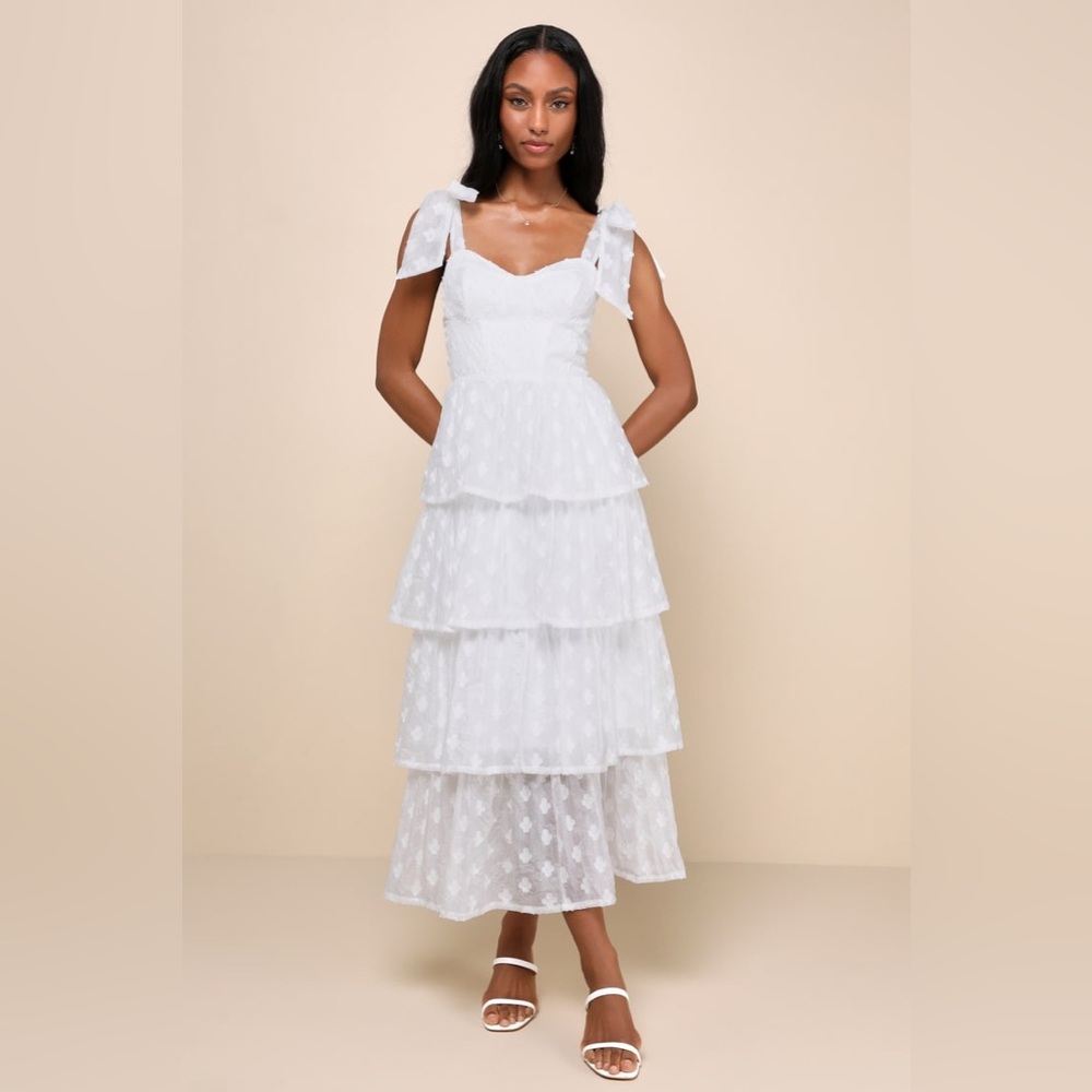Lulus Gorgeous Excellence White Floral Burnout Tiered Midi Dress